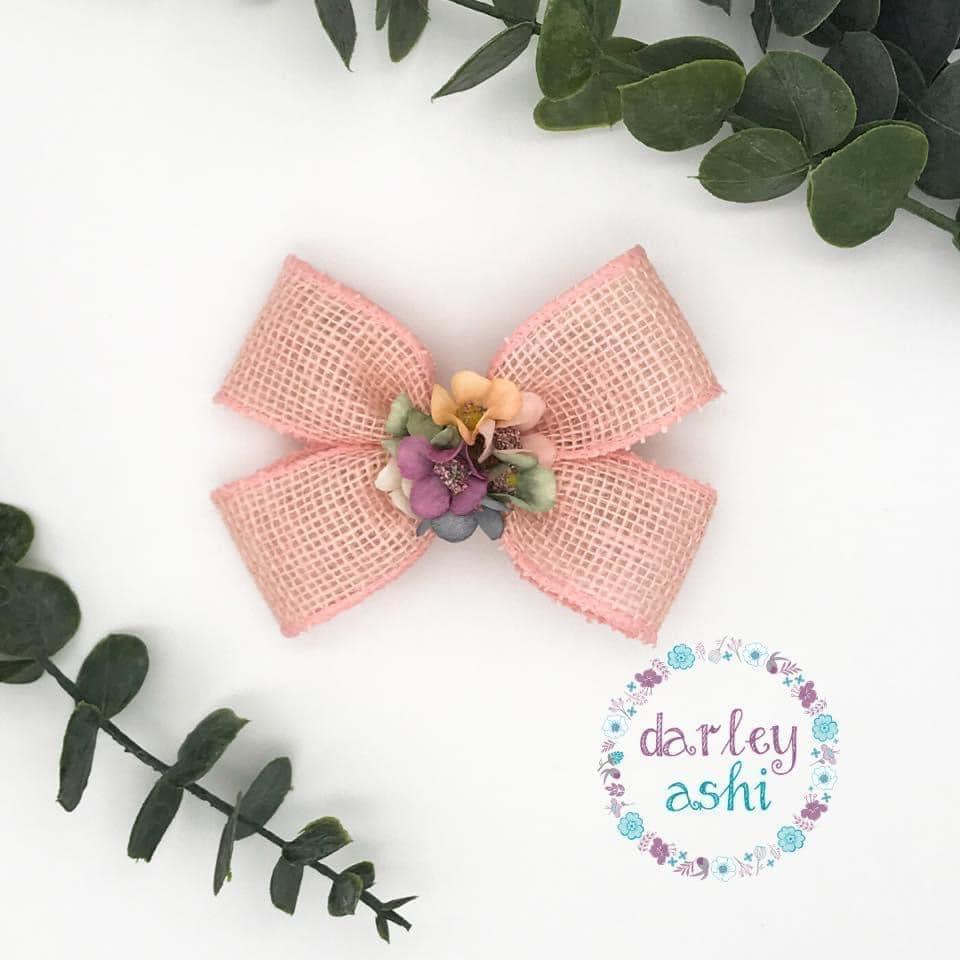 Pink Burlap with Flowers | Double Pinch Bow