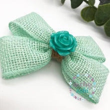 Load image into Gallery viewer, Aqua Burlap with Rose | Double Pinch Bow
