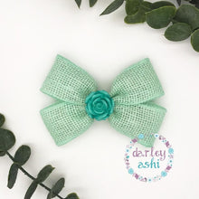 Load image into Gallery viewer, Aqua Burlap with Rose | Double Pinch Bow
